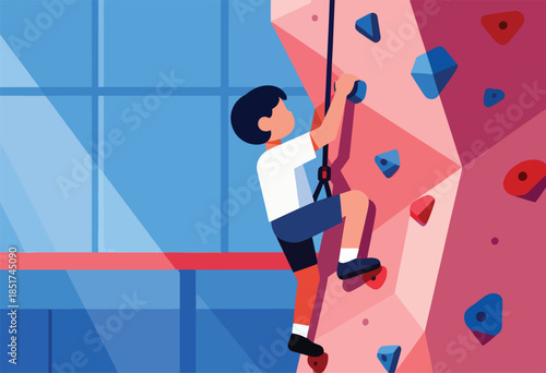 Child climbing a pink boulder wall with blue holds