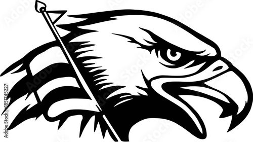 Fierce eagle head vector illustration, black and white graphic design. Powerful bird mascot emblem with open beak and flag.