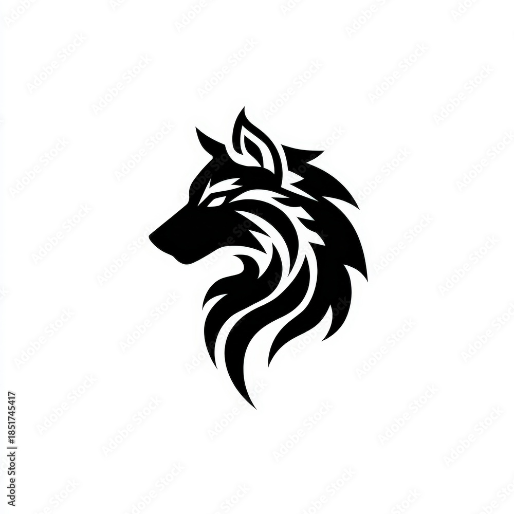 Obraz premium A stylized black silhouette of a wolf's head representing strength and loyalty, ideal for designs related to wildlife, adventure, or nature themes, Perfect for logos, tattoos, and merchandise,