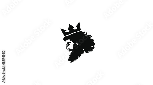 Powerful King Head Silhouette with Crown and Beard. Royal Monarch Profile Graphic Icon representing Authority and Leadership.