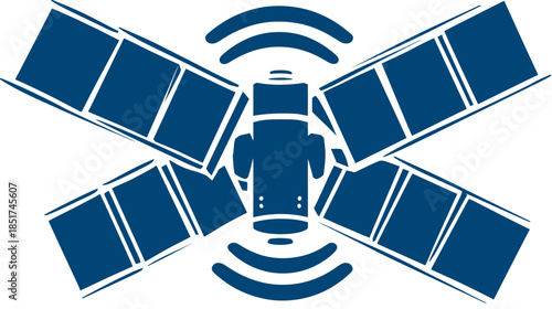 Global communication satellite icon with solar panels and wireless signal waves. Modern technology and internet concept.