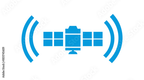 Blue satellite communication icon with wireless signals. Global network connectivity, internet broadcasting, data transmission technology symbol.