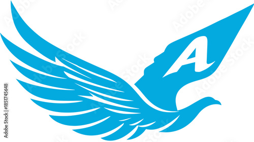 Abstract light blue flying eagle illustration with spread wings and a white letter A, isolated vector graphic