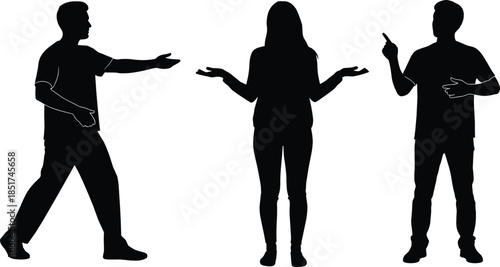 Silhouette figures, group discussion, body language, gesturing pose, raised arms, pointing hand, abstract design, minimalist art, communication, teamwork