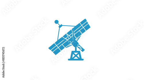 Blue Satellite Dish Icon for Communication, Network, and Technology. Vector graphic representing signal broadcast and data transfer.