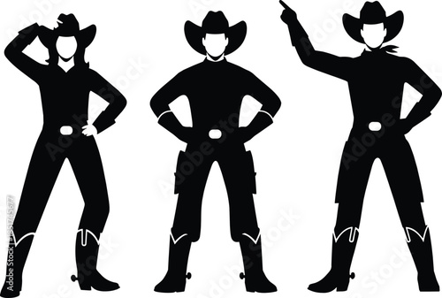 Cowboy silhouettes, western attire, wide-brim hats, boots, belts, pointing pose, saluting gesture, abstract design, minimalist art, rustic style, frontier