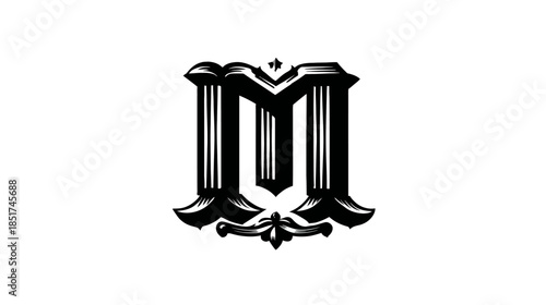 Elegant ornamental capital letter M design element. Ornate decorative uppercase alphabet initial isolated on white background.