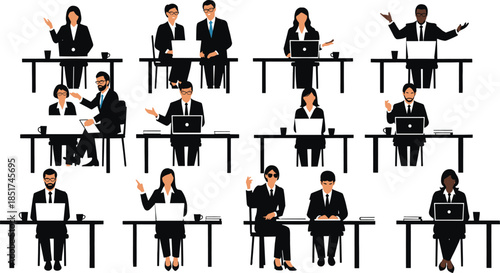 Business professionals, office desks, formal attire, laptop work, reading documents, teamwork, diverse workplace, corporate environment, communication, productivity