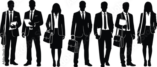 Business silhouettes, professional attire, corporate figures, briefcases, folders, tablets, teamwork, workplace diversity, office environment, communication, modern design