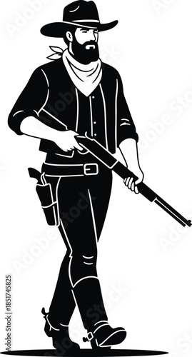 Cowboy silhouette, western attire, wide-brim hat, bandana, rifle, pistol holster, walking pose, rugged style, frontier, abstract art