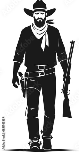 Cowboy silhouette, western attire, wide-brim hat, bandana, rifle, pistol holster, boots spurs, rugged style, frontier, abstract art