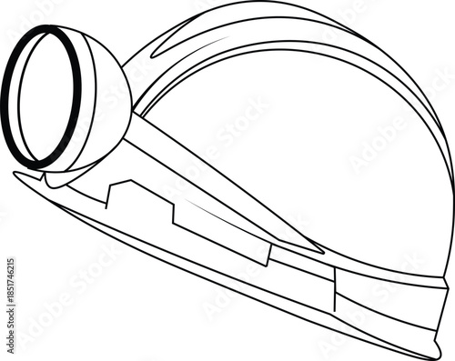 Outline of a miner's helmet with a torch fixed to the front side view vector illustration. Construction helmet side view outline. 