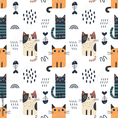Seamless vector pattern with funny cute cats. Great for fabric, textile, wrapping, wallpaper. Vector Illustration