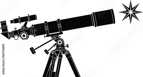 Large astronomical telescope on tripod pointed at a shining star black silhouette, isolated vector illustration for space, science, and exploration concept.