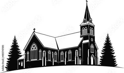 Long church building silhouette with tall steeple, gothic revival architecture, religious worship, cross, pine trees, black vector illustration, faith and tradition