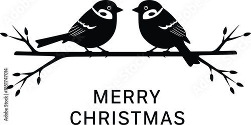 Merry Christmas Birds on Snowy Branch Silhouette Vector, Two Sparrows or Chickadees on Twig, Festive Winter Nature Graphic for Holiday Greeting Card Design.