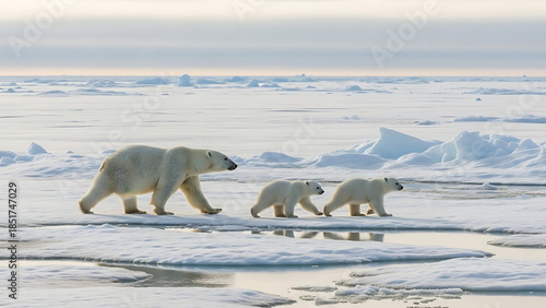 Polar Bear Family Walking on Ice, Arctic Ocean, Wildlife Photography, Serene Landscape, Natural Habitat, Side View, Family Dynamics