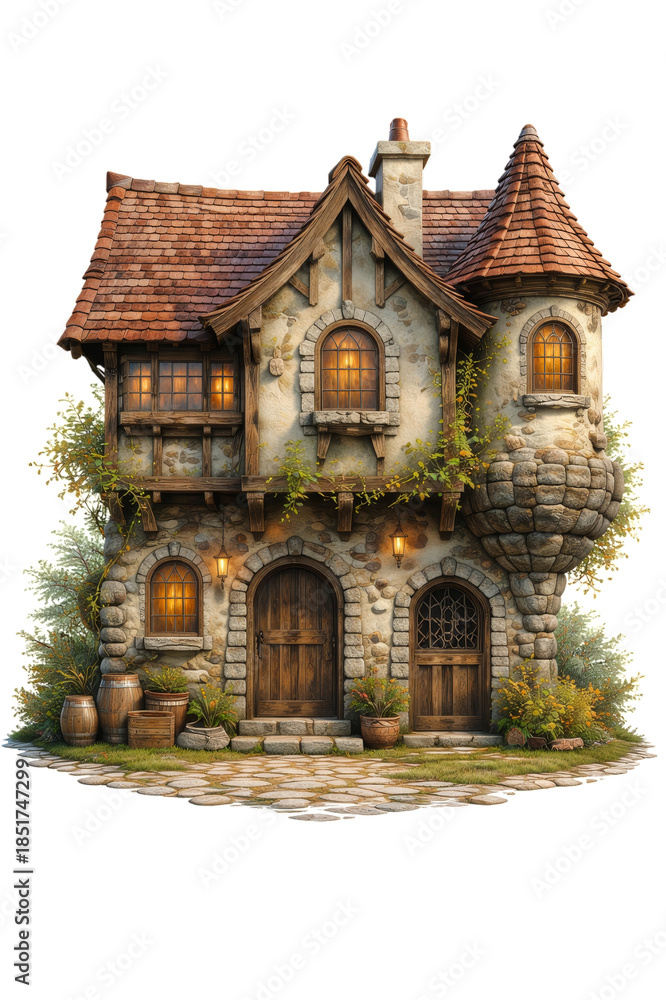 Fototapeta premium Cozy Medieval Stone Cottage with Warm Lights – Fairytale Fantasy House