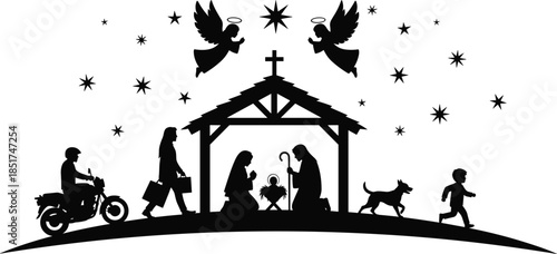 Modern Christmas Nativity Scene Silhouette with Angels and Stars, Contemporary Holiday Concept of Stable Manger, Jesus, Mary, Joseph, a Dog, and a Commuter on a Motorcycle.