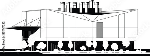 Modern Contemporary Architecture Line Drawing Illustration, Industrial or Museum Building with Chimneys Vector, Abstract Architectural Sketch, Environmentally