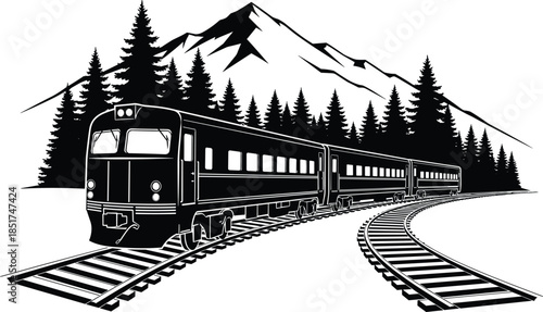 Passenger Train Traveling through Mountain Forest Vector Silhouette, Scenic Railway Journey, Nature Landscape, Pine Trees, Adventure, Transport, Isolated Graphic.