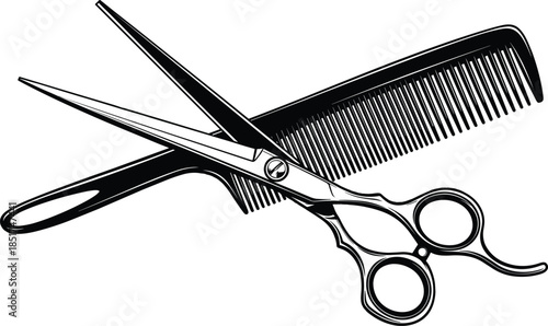 Professional hairdressing scissors crossed with a comb black silhouette, isolated vector illustration for barbershop, salon, and hairstyle tools.