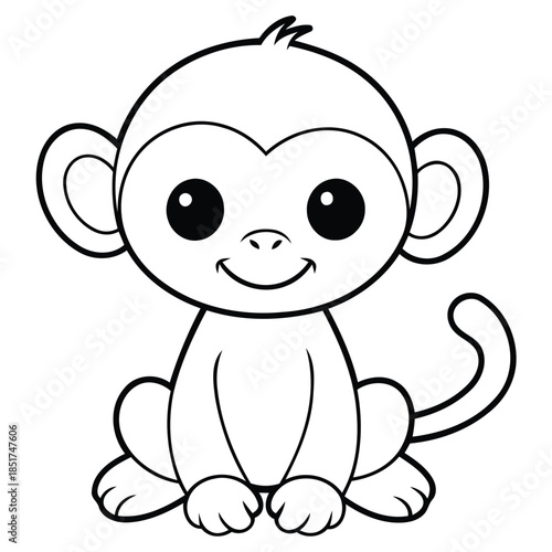 A monkey with a long tail sits on a white background