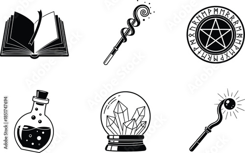 Set of six magic and mystical icons, open spell book, wizard staff, pentagram rune circle, crystal ball, potion bottle, black silhouette vector illustration