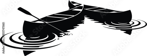 Two Canoes Floating on Water with Paddle Silhouette Vector, Outdoor Recreation, Summer Activity, Lake, River Boating, Adventure, Camping, Isolated Black and White.