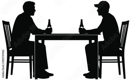 Two men silhouette sitting at table drinking beer bottles, friends talking, casual conversation, black and white vector graphic, discussion, meeting, isolated illustration
