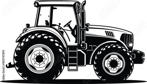 Large agricultural tractor black and white silhouette vector illustration, side view for farming, harvesting, and heavy machinery equipment.