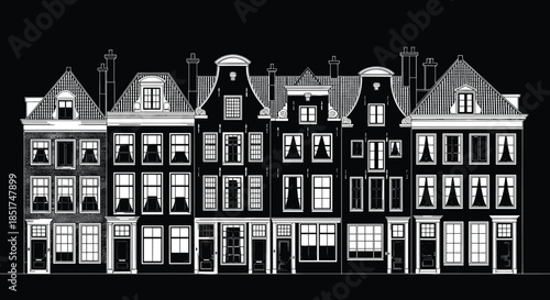 Traditional Amsterdam Canal Houses Vector Illustration, Dutch Architecture Facades, Netherlands Cityscape, Europe Travel, Historic Building Row, Black and White, Isolated.