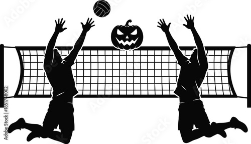 Volleyball Players Spiking Ball and Jack-o'-Lantern Pumpkin Over Net Silhouette, Halloween Themed Sports Graphic, Dynamic Action and Spooky Holiday Vector