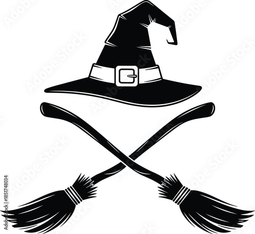 Witch hat above crossed broomsticks black silhouette, isolated vector illustration for Halloween, magic, fantasy, and spooky holiday designs.