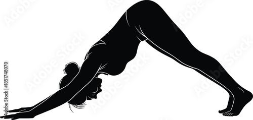 Woman in Downward Facing Dog Yoga Pose Silhouette, Adho Mukha Svanasana, Fitness Exercise Vector Icon, Black and White, Workout.