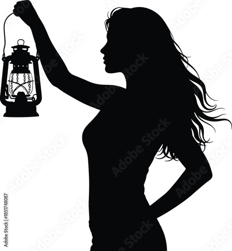 Woman Silhouette Holding Kerosene Lantern, Female Profile with Wavy Hair, Searching and Guidance Concept, Black and White Vector Illustration.