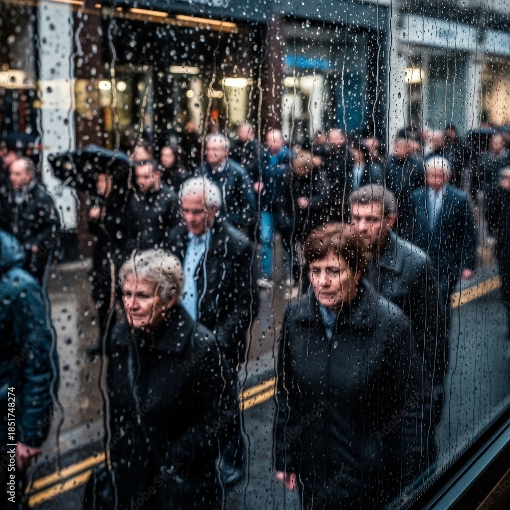 Obraz premium Artistic worm's-eye view of patriotic flags silhouetted against dark storm clouds, capturing the resilient atmosphere of a British street.