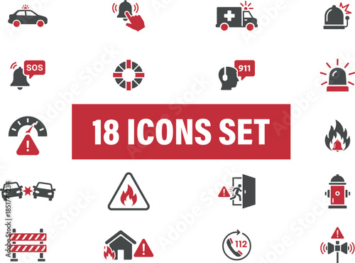 Emergency and Safety Warning Icons Collection. Emergency icons set for safety and rescue situations. 
including vehicle accidents, fire, rescue operations, and warning signs