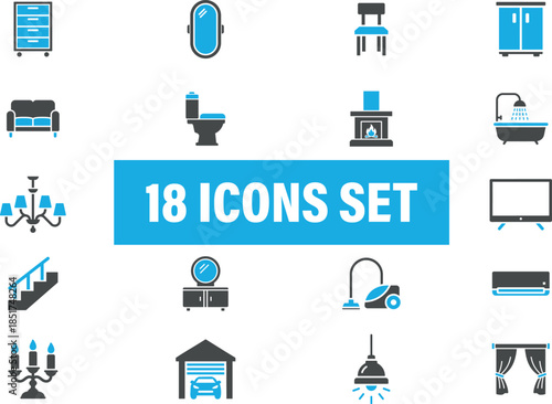 Home Furniture and Household Items Icon Set. home interior icons. including furniture, lighting, 
appliances, and bathroom fixtures
