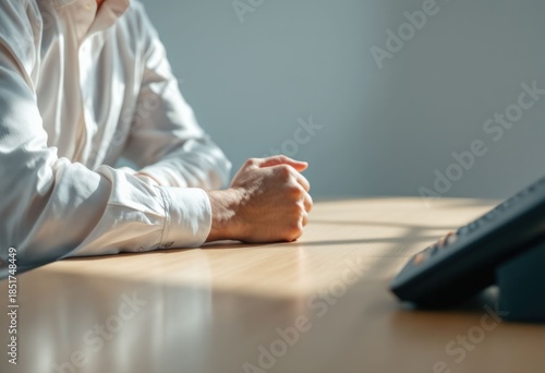 Man's hands clenched on desk, bright window light