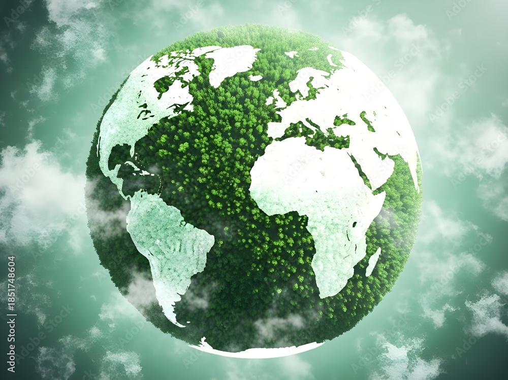 Naklejka premium Aerial view of a lush green Earth with clouds surrounding it