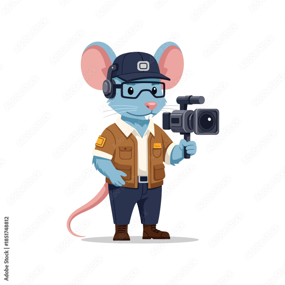 Fototapeta premium Cartoon Blue Mouse Character Holding a Professional Video Camera.