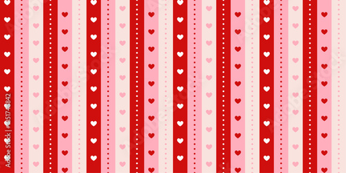 Valentine's Day seamless patter with striped background and heart. Repeating print for wrapping paper and poster. Red and pink minimalist wallpaper. Love and romantic postcard. Vector illustration
