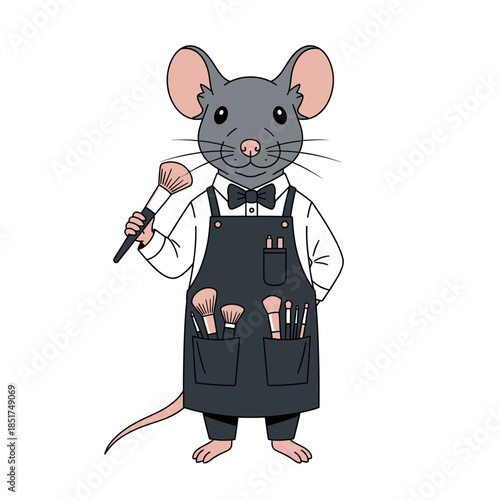 Charming Cartoon Mouse Dressed as a Makeup Artist with Brushes.