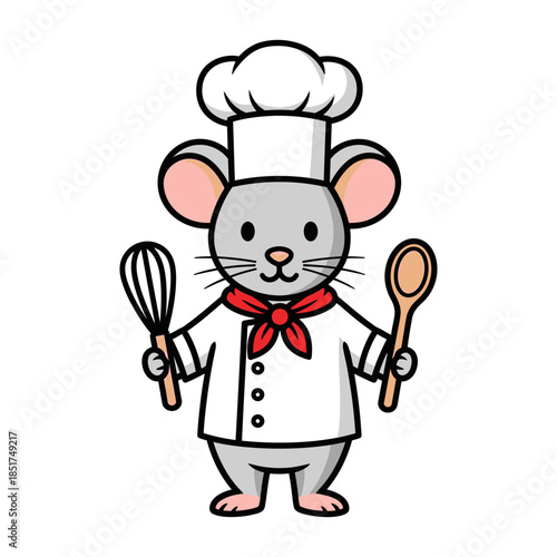 Cute Cartoon Mouse Chef Holding Whisk and Wooden Spoon.