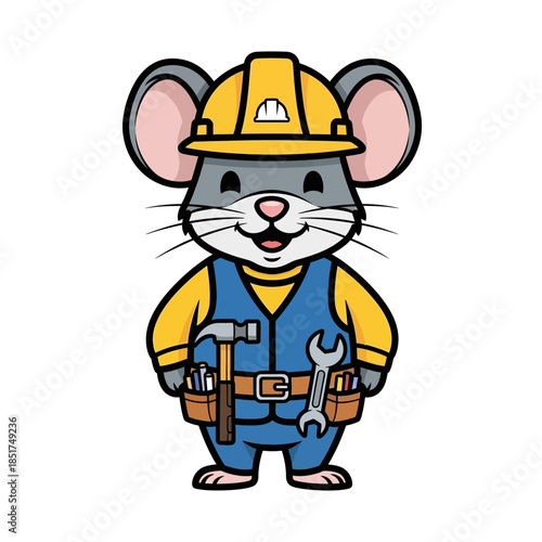 Cute cartoon mouse construction worker with tools and hard hat.