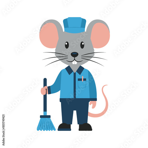 Cute Cartoon Mouse Janitor Holding a Broom.