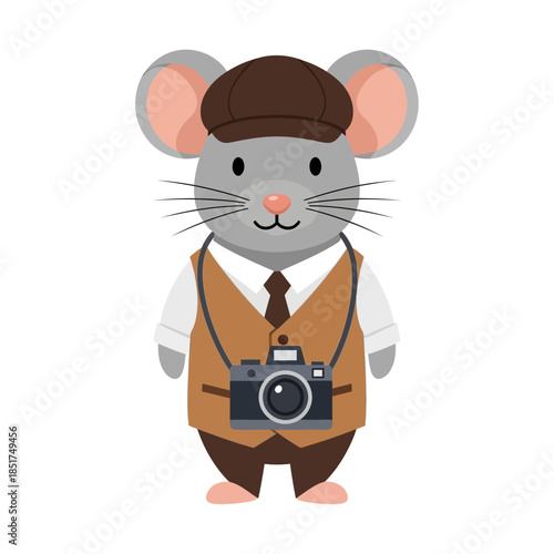 Cute Cartoon Mouse Photographer with Camera and Vest.