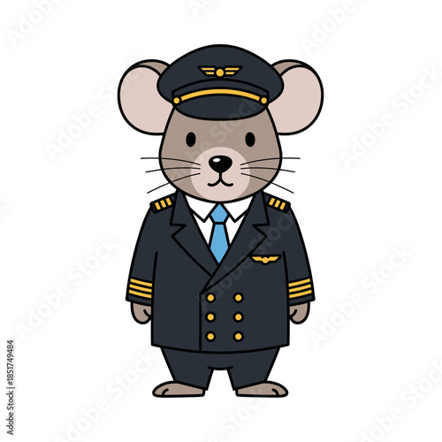Cute Cartoon Mouse Pilot in Uniform with Hat.