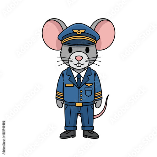 Cute Cartoon Mouse Pilot Wearing Blue Uniform and Hat.